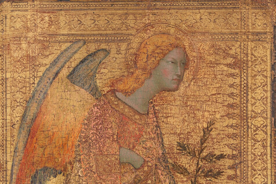 A winged, blond angel kneels facing our right in profile wearing a gold garment, and is shown against a gold background in this vertical painting. The textured robe the angel wears is a similar color to the background, and with the golden hair and wings, the painting is almost entirely gold. The angel’s pale skin has a greenish cast but the cheeks are rosy. Blond hair curls around the face and falls over the shoulders. The angel looks to our right with slitted eyes over a long, straight nose, and pale pink lips are closed. The hand farther from us is drawn across the chest and tucked under the arm closer to us, with which the angel holds a tall leafy palm frond. The inside surface of the wing facing us deepens from butter yellow to tangerine orange, and the other side of the wings are lapiz blue. The robe is textured with gold swirls against slate blue for the shadows and rose pink on the sleeves. A gold halo encircles the angel’s head and the gold background is textured with an ornate decorative border along the inner of edges of the top and both sides. The floor beneath the angel is ruby red. The gilding has worn away in some areas, especially in the background, so the red layer beneath is visible through cracks.