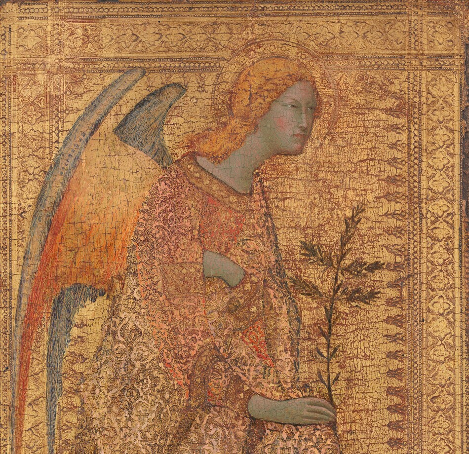A winged, blond angel kneels facing our right in profile wearing a gold garment, and is shown against a gold background in this vertical painting. The textured robe the angel wears is a similar color to the background, and with the golden hair and wings, the painting is almost entirely gold. The angel’s pale skin has a greenish cast but the cheeks are rosy. Blond hair curls around the face and falls over the shoulders. The angel looks to our right with slitted eyes over a long, straight nose, and pale pink lips are closed. The hand farther from us is drawn across the chest and tucked under the arm closer to us, with which the angel holds a tall leafy palm frond. The inside surface of the wing facing us deepens from butter yellow to tangerine orange, and the other side of the wings are lapiz blue. The robe is textured with gold swirls against slate blue for the shadows and rose pink on the sleeves. A gold halo encircles the angel’s head and the gold background is textured with an ornate decorative border along the inner of edges of the top and both sides. The floor beneath the angel is ruby red. The gilding has worn away in some areas, especially in the background, so the red layer beneath is visible through cracks.