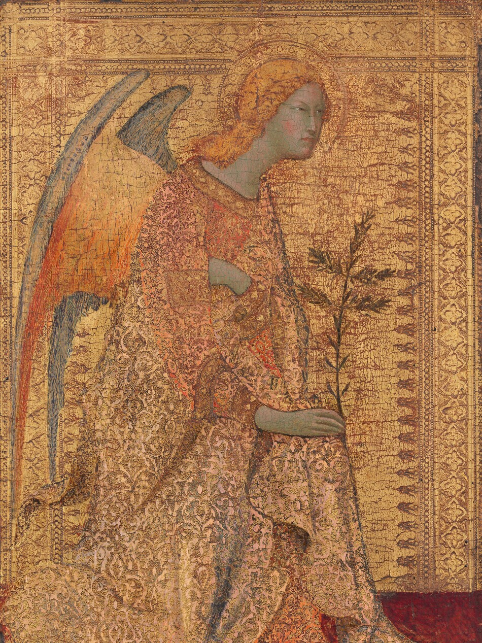 A winged, blond angel kneels facing our right in profile wearing a gold garment, and is shown against a gold background in this vertical painting. The textured robe the angel wears is a similar color to the background, and with the golden hair and wings, the painting is almost entirely gold. The angel’s pale skin has a greenish cast but the cheeks are rosy. Blond hair curls around the face and falls over the shoulders. The angel looks to our right with slitted eyes over a long, straight nose, and pale pink lips are closed. The hand farther from us is drawn across the chest and tucked under the arm closer to us, with which the angel holds a tall leafy palm frond. The inside surface of the wing facing us deepens from butter yellow to tangerine orange, and the other side of the wings are lapiz blue. The robe is textured with gold swirls against slate blue for the shadows and rose pink on the sleeves. A gold halo encircles the angel’s head and the gold background is textured with an ornate decorative border along the inner of edges of the top and both sides. The floor beneath the angel is ruby red. The gilding has worn away in some areas, especially in the background, so the red layer beneath is visible through cracks.