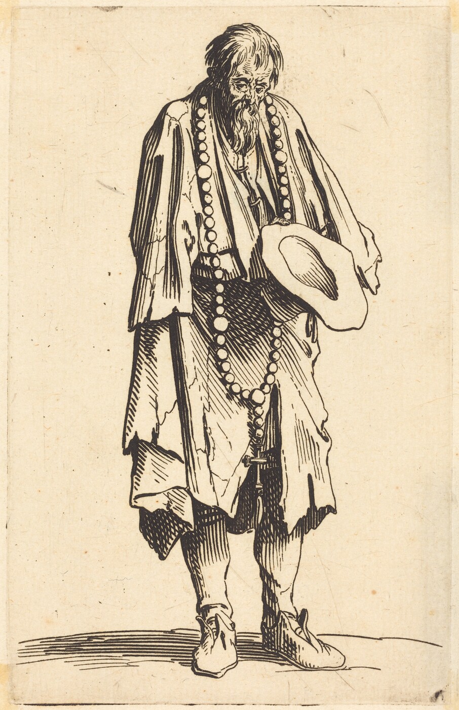 The image shows a full-body sketch of a person standing. The individual is facing slightly towards the right and looking downward. The facial features include a prominent beard and long, unkempt hair that falls around the face. The person's clothing consists of a loose-fitting robe with a wider drape over the shoulders, an additional garment covering the legs, and visible striped stockings. The person is holding a broad-brimmed hat in one hand and around the neck hangs a long string of large beads. The background is unadorned, with only hints of shadow beneath the person's feet, emphasizing the figure with no additional context.