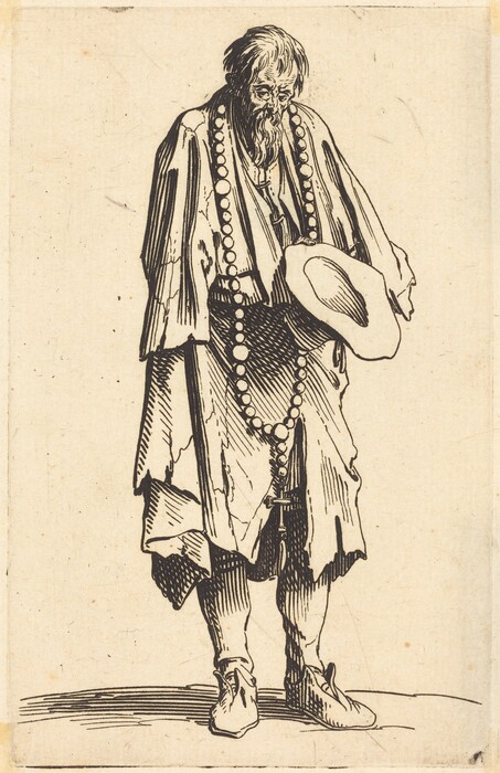 The image shows a full-body sketch of a person standing. The individual is facing slightly towards the right and looking downward. The facial features include a prominent beard and long, unkempt hair that falls around the face. The person's clothing consists of a loose-fitting robe with a wider drape over the shoulders, an additional garment covering the legs, and visible striped stockings. The person is holding a broad-brimmed hat in one hand and around the neck hangs a long string of large beads. The background is unadorned, with only hints of shadow beneath the person's feet, emphasizing the figure with no additional context.