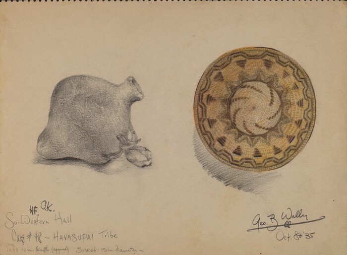 The image shows a textured object resembling a sack or vessel on the left and a circular patterned basket on the right. The color palette includes muted tones such as gray for the object on the left and earthy browns and yellows for the basket on the right, with dark geometric designs. Both objects are positioned on a beige background, with the sack-like object slightly to the left and the basket to the right of the center. Text details are present at the bottom and lower right of the image.