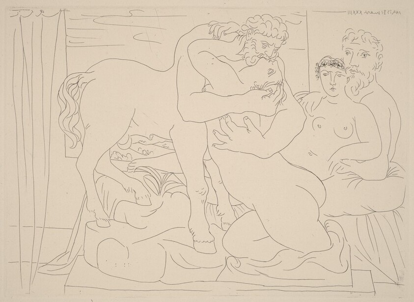 Sculptor and Model with a Sculpture Representing a Centaur Kissing a Woman (Sculpteur et son modèle avec un groupe sculpté représentant un centaure embrassant une femme)