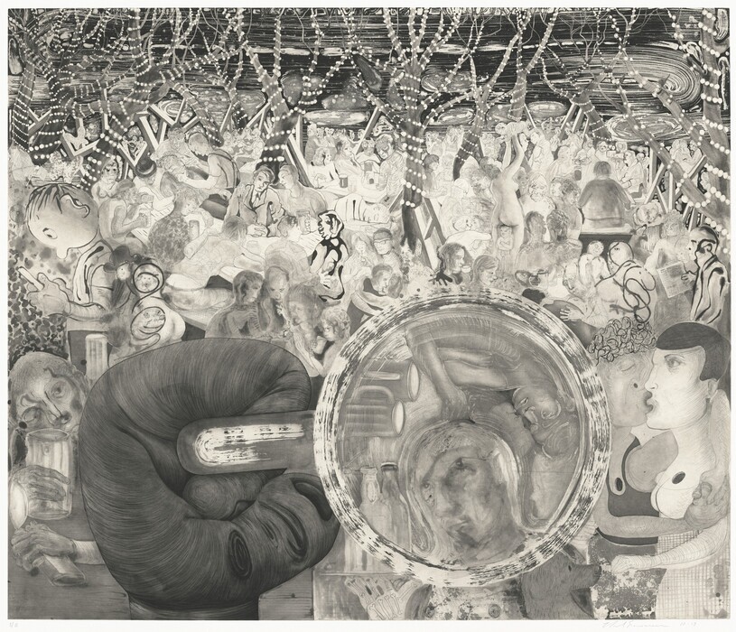 In shades of silvery gray and white, a cartoonish fist holds the handle of a beer stein so we look down into the glass. Filling the space around it, people sit, kiss, drink, or talk in a swirling, dream-like haze in this horizontal print.
