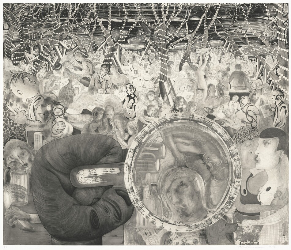 In shades of silvery gray and white, a cartoonish fist holds the handle of a beer stein so we look down into the glass. Filling the space around it, people sit, kiss, drink, or talk in a swirling, dream-like haze in this horizontal print.
