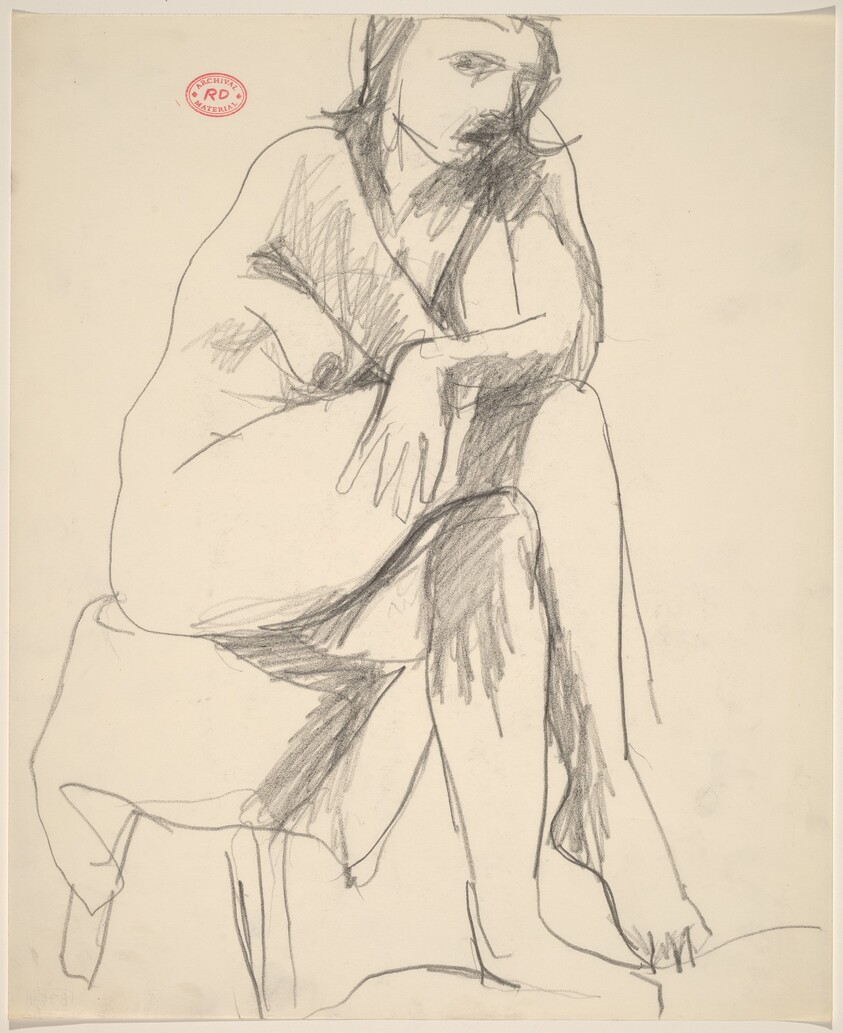 Untitled [seated female nude with crossed legs on draped stool]
