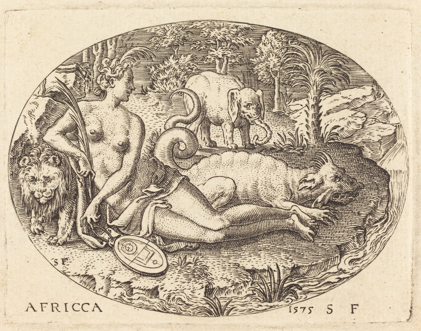 This is a drawing of a scene in a wilderness with animals and a figure. The image shows a nude figure reclining on the ground surrounded by a lion, elephant, and a mythological creature with a spiral tail. The detailed landscape includes trees and vegetation. The artist used elaborate line work to depict textures and musculature. The image is titled "AFRICCA" and dated 1575, with the initials S F.