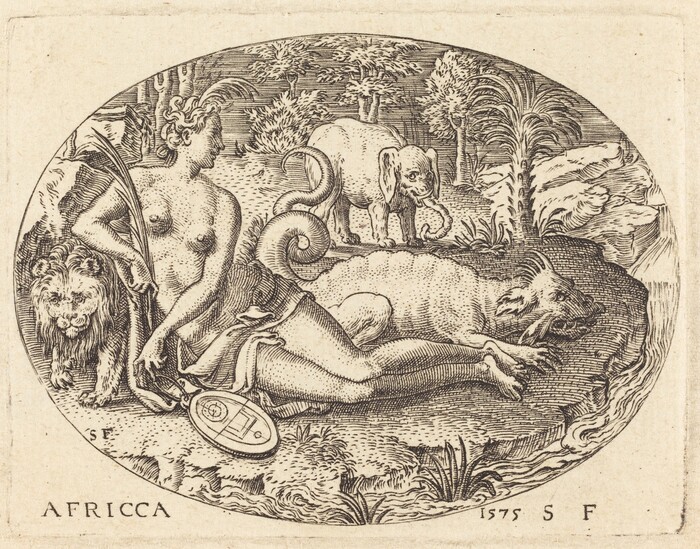 This is a drawing of a scene in a wilderness with animals and a figure. The image shows a nude figure reclining on the ground surrounded by a lion, elephant, and a mythological creature with a spiral tail. The detailed landscape includes trees and vegetation. The artist used elaborate line work to depict textures and musculature. The image is titled "AFRICCA" and dated 1575, with the initials S F.
