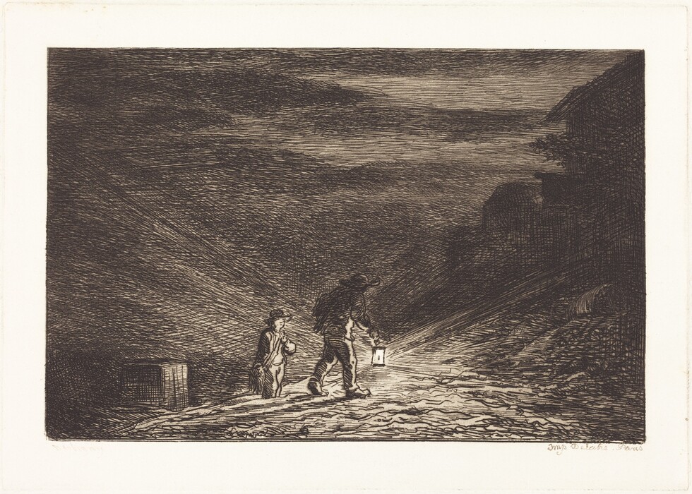 The image depicts a night scene with two figures walking along a dimly lit path. The horizon line is obscured by darkness and shadow, creating a sense of depth as it fades into the dark sky. The sky is filled with textured strokes, conveying movement and a tumultuous atmosphere. The figures are close to us, one carrying a lantern that illuminates the path and their legs, contrasting against the darkness. The brushstrokes are detailed and intricate, defining the figures and path with fine lines. The color palette is monochromatic, using black and gray tones to enhance the dramatic mood. The light from the lantern illuminates the man and child, casting long shadows and creating an eerie ambiance.