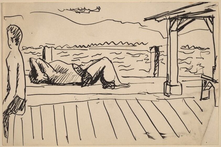 Two Figures Sunbathing on Waterside Dock