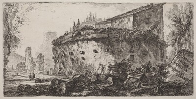The image shows a bird's-eye view of a rural scene with ruins and distant landscape. The intricate 18th-century style with black and white color palette emphasizes textural detail and contrast. Remnants of architectural elements and figures can be seen among scattered ruins. A wall with foliage is in the foreground, while the background shows a rugged terrain with more ruins and vegetation.