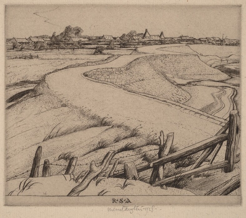 The image shows a landscape with rolling earth formations and a winding pathway. In the distance, there are buildings, trees, and structures. A wooden fence is in the foreground, following the land's contours. The artwork uses precise lines and textures in varying shades of brown.