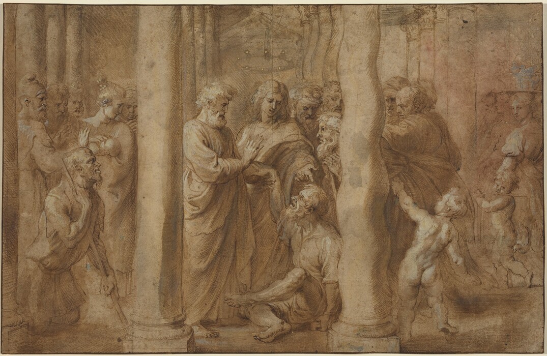 Drawn with brown ink and shaded with brown wash, a crowd gathers in a columned space on this horizontal sheet. Two columns divide the scene into thirds. The column on the left is straight, and the column on the right twists, as if gently rippling in an elongated spiral. A row of four more columns behind each of these front columns mimics their contours. Between the two front columns and close to us, a clean-shaven man and a bearded man look down at a man who sits with one ankle crossed over the other knee. The seated man looks up with his mouth open, the corners downturned, and his brows furrowed. The bearded man holds one hand up, palm facing out, and the clean-shaven man looks down with one hand reaching forward, palm up. Three more faces between the clean-shaven man and the twisting column look on, and one of them crosses his hands over the top of a crutch or walking stick. Three more people press close to the group on the right side of the twisting column. One nude, pudgy child holds onto one of the onlooker’s robes, and another nude child stands next to a woman along the right side of the sheet. The woman looks over her shoulder at us and appears to balance or brace a tray on her head. A bird is painted in slate blue on the tray. The child braces a stick across one shoulder, and two birds hang at the ends of strings on the back end. Five people stand, including a woman holding a baby, to the left of the straight column and a sixth person kneels and leans against a staff. More rows of straight columns line either side of the sheet.