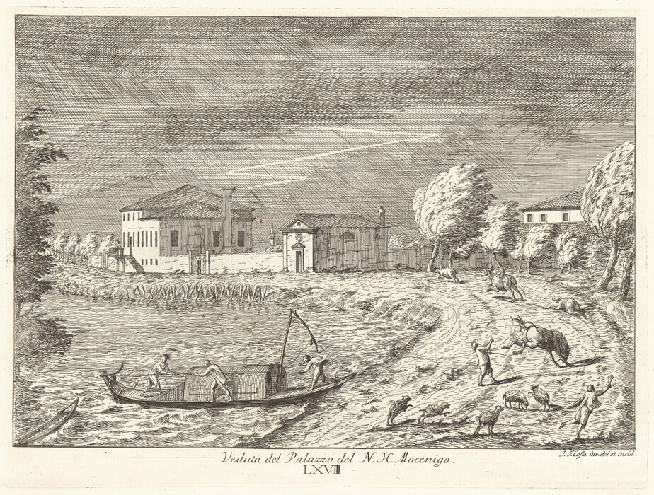 The image shows a riverside scene with a villa, a smaller building, a boat with figures, people, animals, and trees along the riverbank. The sky has dense lined etchings suggesting clouds. The artwork features detailed and precise engravings.