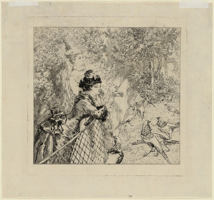The image shows a woman leaning over a fence observing birds in a dense foliage and tree background. The artistic technique involves detailed etching lines accentuating the woman's attire and the birds. The color palette is monochromatic with varying shades of black and gray. The setting captures a tranquil moment in a natural environment with a focus on the woman and the birds.