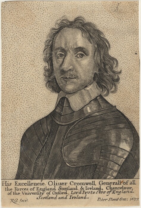 The image displays a portrait of a man from the chest up. He is posed in a slight three-quarter view with his head turned forward but slightly to his right. He has a serious expression, pronounced cheekbones, and a relatively thin and straight mouth. His hair is wavy and of medium length, extending down to his shoulders. The man is dressed in a formal suit of armor that appears to be of historical significance, with a high, white, pleated collar peeking out above the armor. The background is plain, with a stippled pattern texture. At the lower part of the image, there is an inscription identifying him as Oliver Cromwell, detailing his titles and roles, alongside credits for the artwork.