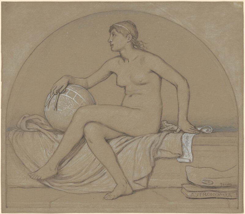 The image shows a woman seated on a draped surface with her right leg bent, left foot on the ground. Her left arm rests on a globe, holding a pair of compasses. She is looking to her right, with a profile view, straight nose, prominent cheekbones, hair pulled back, partially covered by a headband. The woman is nude, draped in fabrics. To her right, there's a scroll with text and a stack of books, the top one labeled "ASTRONOMIA." The background is plain with a curved arch shape.