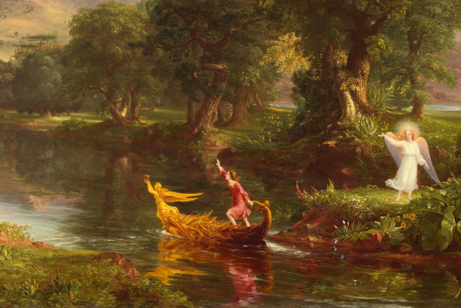 A young man sets out in a golden boat on a river that winds from the bottom right corner of this horizontal painting across a lush landscape and into the distance before disappearing beyond two rocky outcroppings far off to our right. Hazy in the distance, the jagged peaks of a barren red mountain rise into an almost cloudless blue sky. To our left, a semi-transparent, white palace looms above and beyond the mountain, filling most of the upper left quadrant of the composition. Hills and valleys leading from the mountain and palace are dotted with trees and carpeted with grass. A winged and haloed angel wearing a white robe stands on the bank of the river under a towering palm tree in the foreground, in the bottom right corner of the canvas. The angel has pale skin and long golden hair. One hand is lifted toward the palace or a young man in a boat in the river nearby. The small boat is angled away from the riverbank to our left and toward the palace. The boat is ornately decorated and at its bow, a winged, golden figure holds an hourglass aloft above her head. The young man has pale skin, shoulder-length brown hair, and he wears a red and gold tunic. A profusion of flowers and trees line the riverbank.