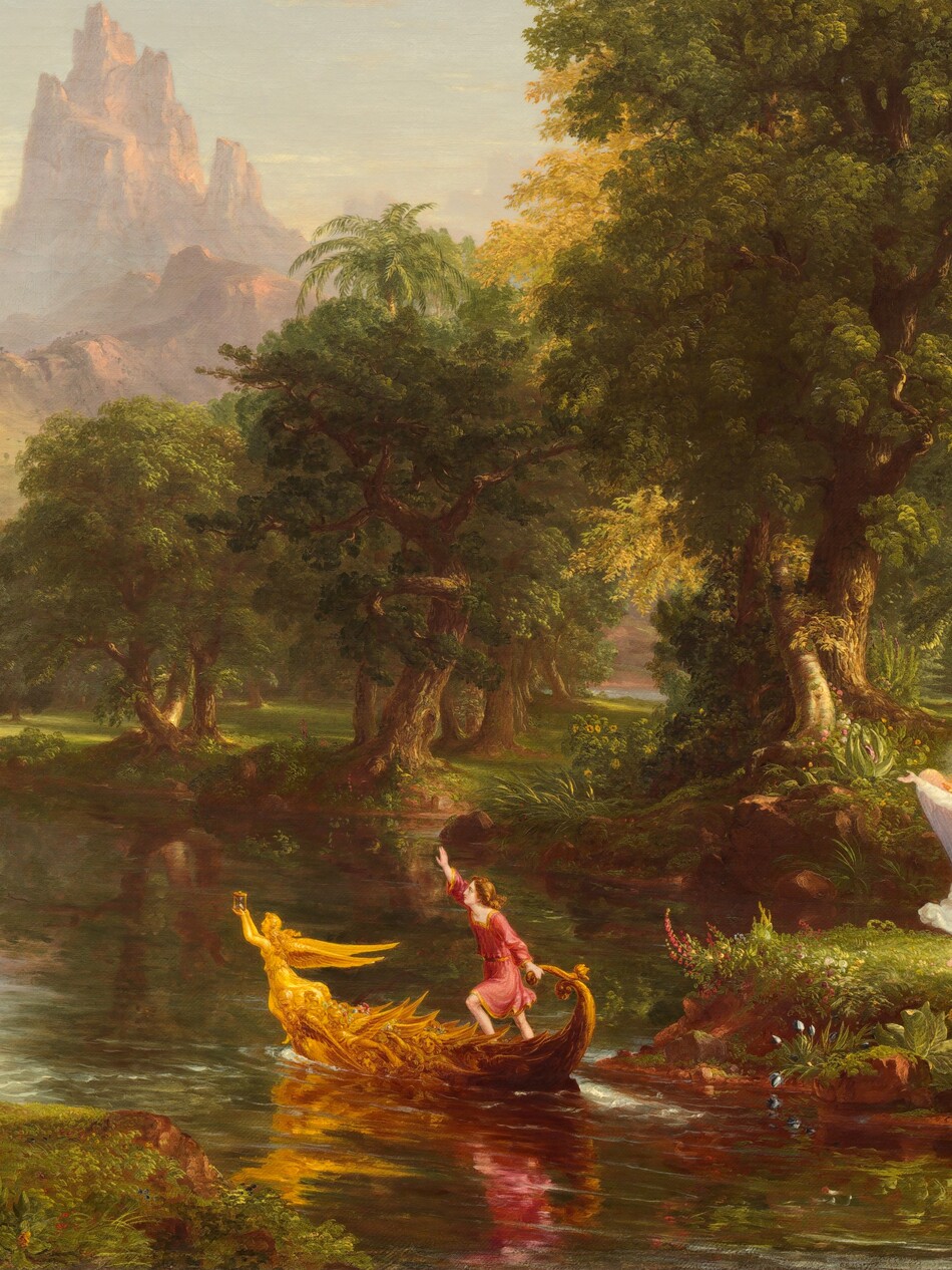 A young man sets out in a golden boat on a river that winds from the bottom right corner of this horizontal painting across a lush landscape and into the distance before disappearing beyond two rocky outcroppings far off to our right. Hazy in the distance, the jagged peaks of a barren red mountain rise into an almost cloudless blue sky. To our left, a semi-transparent, white palace looms above and beyond the mountain, filling most of the upper left quadrant of the composition. Hills and valleys leading from the mountain and palace are dotted with trees and carpeted with grass. A winged and haloed angel wearing a white robe stands on the bank of the river under a towering palm tree in the foreground, in the bottom right corner of the canvas. The angel has pale skin and long golden hair. One hand is lifted toward the palace or a young man in a boat in the river nearby. The small boat is angled away from the riverbank to our left and toward the palace. The boat is ornately decorated and at its bow, a winged, golden figure holds an hourglass aloft above her head. The young man has pale skin, shoulder-length brown hair, and he wears a red and gold tunic. A profusion of flowers and trees line the riverbank.