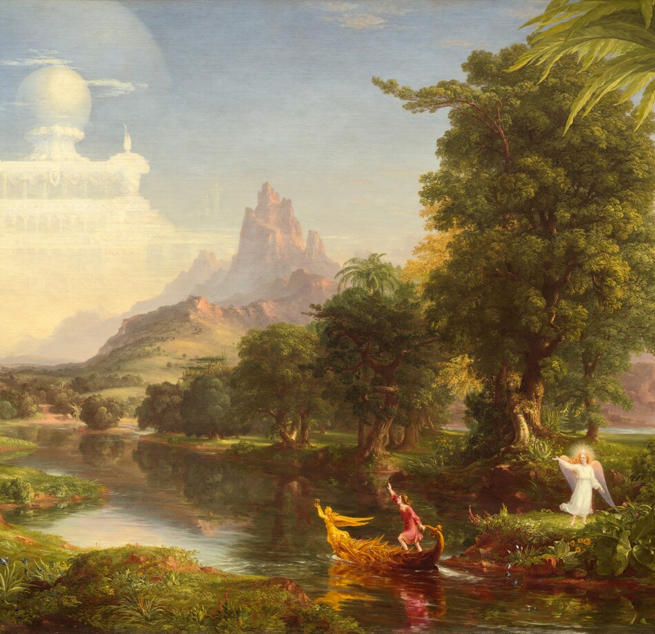 A young man sets out in a golden boat on a river that winds from the bottom right corner of this horizontal painting across a lush landscape and into the distance before disappearing beyond two rocky outcroppings far off to our right. Hazy in the distance, the jagged peaks of a barren red mountain rise into an almost cloudless blue sky. To our left, a semi-transparent, white palace looms above and beyond the mountain, filling most of the upper left quadrant of the composition. Hills and valleys leading from the mountain and palace are dotted with trees and carpeted with grass. A winged and haloed angel wearing a white robe stands on the bank of the river under a towering palm tree in the foreground, in the bottom right corner of the canvas. The angel has pale skin and long golden hair. One hand is lifted toward the palace or a young man in a boat in the river nearby. The small boat is angled away from the riverbank to our left and toward the palace. The boat is ornately decorated and at its bow, a winged, golden figure holds an hourglass aloft above her head. The young man has pale skin, shoulder-length brown hair, and he wears a red and gold tunic. A profusion of flowers and trees line the riverbank.