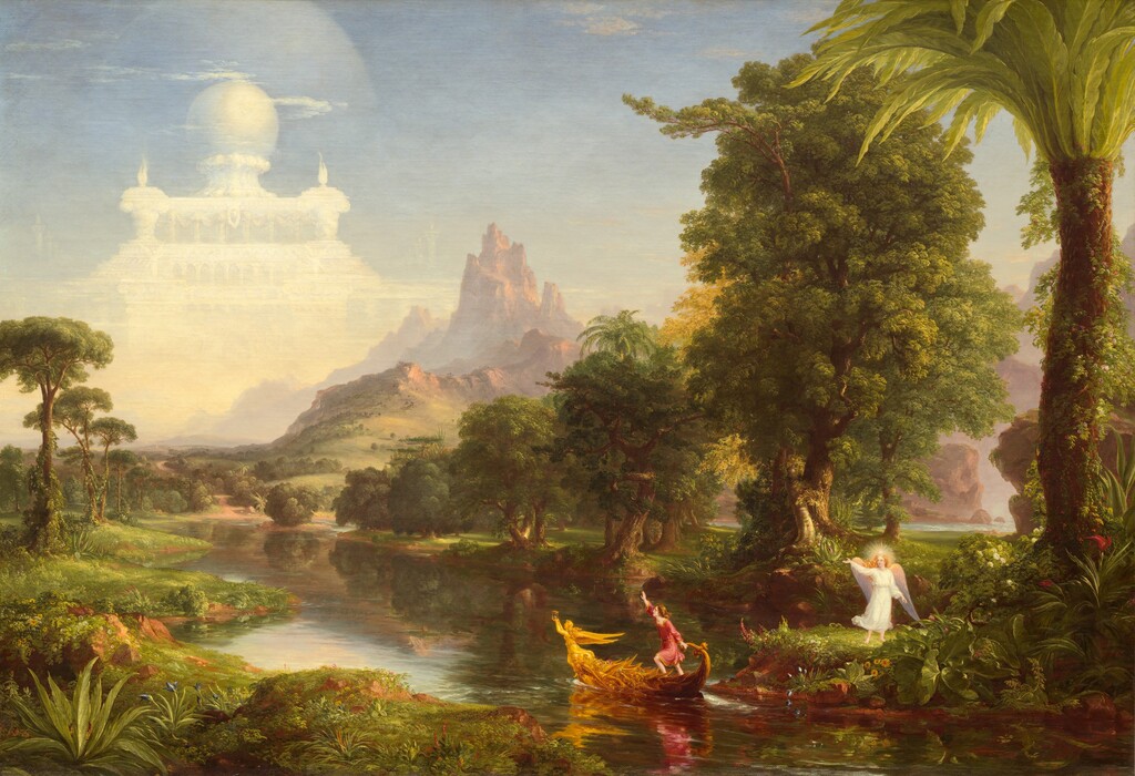 A young man sets out in a golden boat on a river that winds from the bottom right corner of this horizontal painting across a lush landscape and into the distance before disappearing beyond two rocky outcroppings far off to our right. Hazy in the distance, the jagged peaks of a barren red mountain rise into an almost cloudless blue sky. To our left, a semi-transparent, white palace looms above and beyond the mountain, filling most of the upper left quadrant of the composition. Hills and valleys leading from the mountain and palace are dotted with trees and carpeted with grass. A winged and haloed angel wearing a white robe stands on the bank of the river under a towering palm tree in the foreground, in the bottom right corner of the canvas. The angel has pale skin and long golden hair. One hand is lifted toward the palace or a young man in a boat in the river nearby. The small boat is angled away from the riverbank to our left and toward the palace. The boat is ornately decorated and at its bow, a winged, golden figure holds an hourglass aloft above her head. The young man has pale skin, shoulder-length brown hair, and he wears a red and gold tunic. A profusion of flowers and trees line the riverbank.