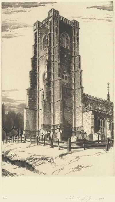 The image is an etching of a church tower, detailed with fine lines, reaching towards the top of the frame. To the left of the tower, there is a graveyard with tombstones and a fence. In the background, there are dark trees casting shadows, and wispy clouds in the sky. The color palette is monochromatic, using shades of black, white, and gray.
