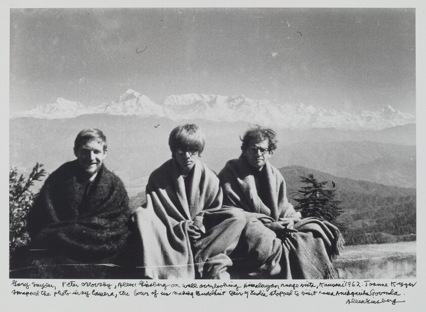 Gary Snyder, Peter Orlovsky, Allen Ginsberg on wall overlooking Himalayan range vista, Kausani 1962. Joanne Kyger snapped the photo in my camera, the four of us making Buddhist tour of India stopped to visit Lama Anagarika Govinda.