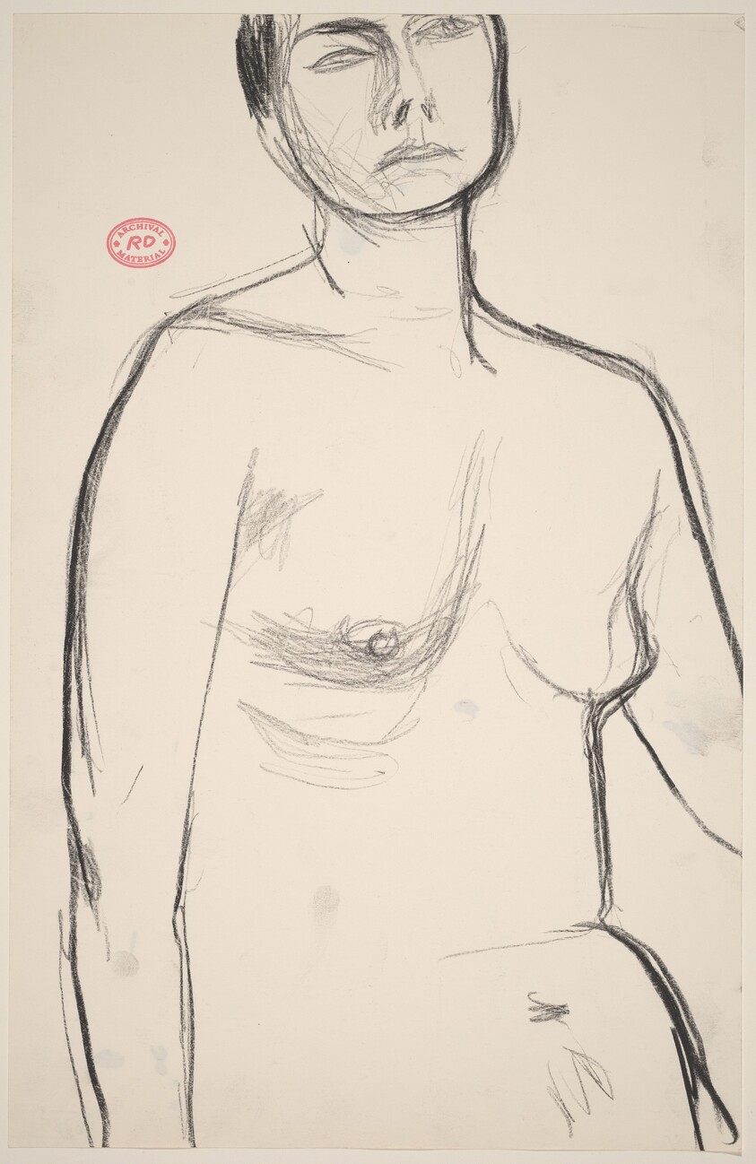 Untitled [view of a female nude from belly to forehead]