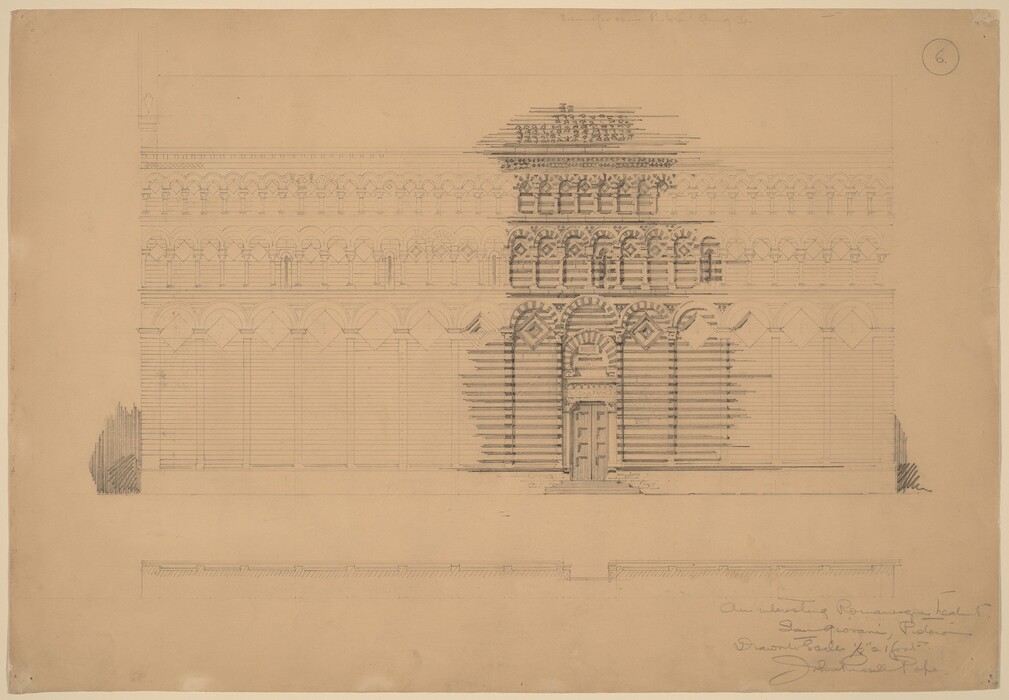 This is a drawing of an architectural facade. The design features multiple rows of arched windows and detailed ornamentation, highlighting a structured symmetry and balance. The facade presents a central door with an ornamental arch above it, surrounded by a repetitive pattern of arches. Its precision in line work and architectural accuracy convey a sense of grandiosity and historical relevance.