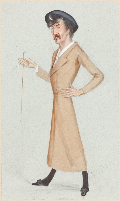 The image shows a man standing in a pose, one hand on his hip and the other holding a walking stick. He has distinct facial features, a mustache, and wears a monocle on his right eye. His hair is curly, dark, and under a wide-brimmed hat. He wears a long, double-breasted, tan coat with a high collar, dark trousers, and shoes. A white shirt is visible under the coat. The background is a simple, flat pale color.