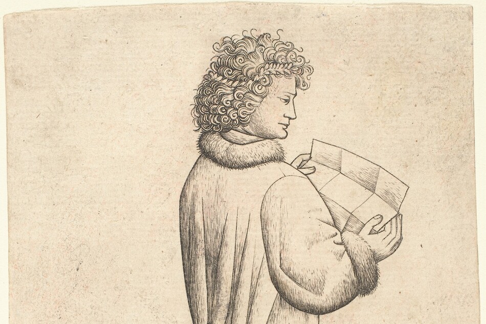 Printed with fine black lines on cream-white paper, a man wearing a knee-length tunic and reading from a piece of unfolded paper faces our right against a mostly blank background in this vertical engraving. The man's right shoulder, closer to us, is angled in a way that suggests his torso is turned slightly away from us even though his feet and face are shown in profile. A narrow wreath is almost lost in his dense curls, and he has a straight nose and prominent chin. His fur-lined tunic is belted low across his hips, and a dagger hangs from his belt. His pointed clog-like shoes seem to slip onto his feet like sandals, and he stands on a grassy field in an otherwise empty space. Creases in the paper he holds suggests it had been folded into nine sections.