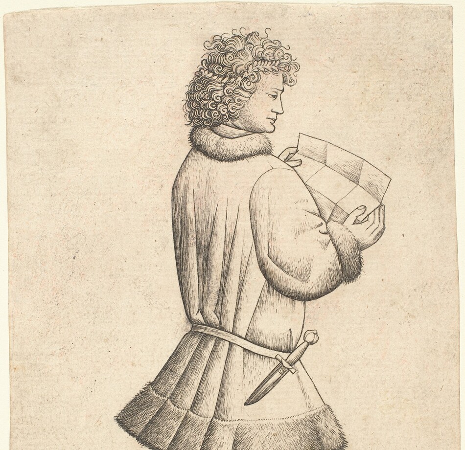 Printed with fine black lines on cream-white paper, a man wearing a knee-length tunic and reading from a piece of unfolded paper faces our right against a mostly blank background in this vertical engraving. The man's right shoulder, closer to us, is angled in a way that suggests his torso is turned slightly away from us even though his feet and face are shown in profile. A narrow wreath is almost lost in his dense curls, and he has a straight nose and prominent chin. His fur-lined tunic is belted low across his hips, and a dagger hangs from his belt. His pointed clog-like shoes seem to slip onto his feet like sandals, and he stands on a grassy field in an otherwise empty space. Creases in the paper he holds suggests it had been folded into nine sections.