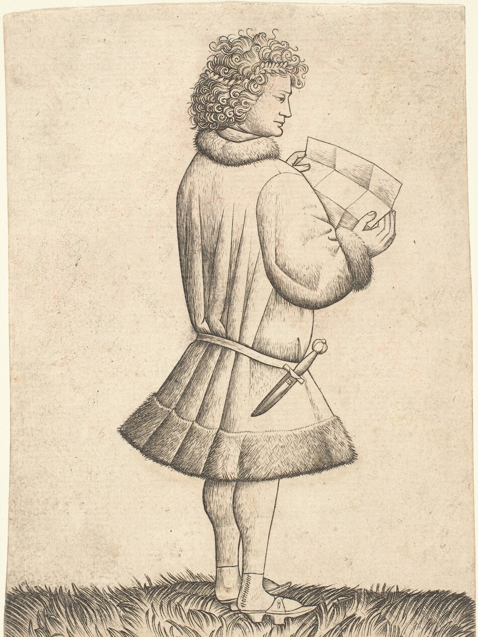 Printed with fine black lines on cream-white paper, a man wearing a knee-length tunic and reading from a piece of unfolded paper faces our right against a mostly blank background in this vertical engraving. The man's right shoulder, closer to us, is angled in a way that suggests his torso is turned slightly away from us even though his feet and face are shown in profile. A narrow wreath is almost lost in his dense curls, and he has a straight nose and prominent chin. His fur-lined tunic is belted low across his hips, and a dagger hangs from his belt. His pointed clog-like shoes seem to slip onto his feet like sandals, and he stands on a grassy field in an otherwise empty space. Creases in the paper he holds suggests it had been folded into nine sections.
