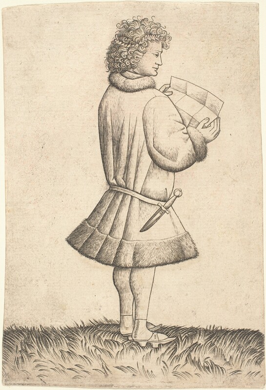 Printed with fine black lines on cream-white paper, a man wearing a knee-length tunic and reading from a piece of unfolded paper faces our right against a mostly blank background in this vertical engraving. The man's right shoulder, closer to us, is angled in a way that suggests his torso is turned slightly away from us even though his feet and face are shown in profile. A narrow wreath is almost lost in his dense curls, and he has a straight nose and prominent chin. His fur-lined tunic is belted low across his hips, and a dagger hangs from his belt. His pointed clog-like shoes seem to slip onto his feet like sandals, and he stands on a grassy field in an otherwise empty space. Creases in the paper he holds suggests it had been folded into nine sections.