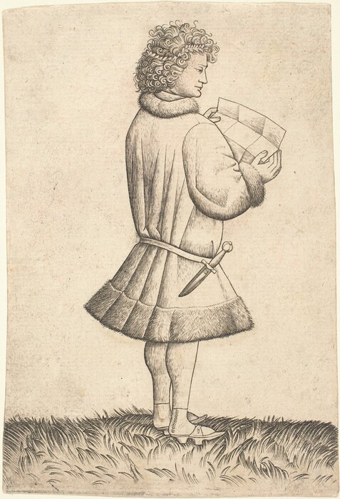 Printed with fine black lines on cream-white paper, a man wearing a knee-length tunic and reading from a piece of unfolded paper faces our right against a mostly blank background in this vertical engraving. The man's right shoulder, closer to us, is angled in a way that suggests his torso is turned slightly away from us even though his feet and face are shown in profile. A narrow wreath is almost lost in his dense curls, and he has a straight nose and prominent chin. His fur-lined tunic is belted low across his hips, and a dagger hangs from his belt. His pointed clog-like shoes seem to slip onto his feet like sandals, and he stands on a grassy field in an otherwise empty space. Creases in the paper he holds suggests it had been folded into nine sections.