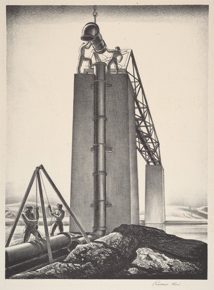 Untitled (Laying Pipe Section Over a Bridge)