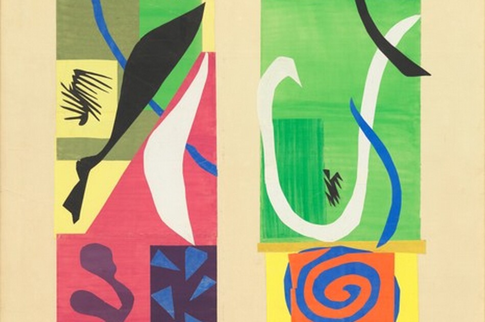 Two columns of brightly colored rectangles are layered with geometric shapes and organic forms in this abstract, vertical artwork. The rectangles are painted, and the abstract shapes are cut from pieces of painted paper. The left column is stacked top to bottom with rectangles in black, lime green, sage green, sunshine yellow, watermelon pink, and amethyst purple. There is also a pink triangle above the pink rectangle, near the middle of the column. Spanning different sections of the column are a blue spiral and a curling blue line, white petal-like shapes, and purple and blue stylized leaves, perhaps seaweed, and triangles. A narrow black form like the profile of a stylized fish and a curve radiating spikes float in the middle of the column. The rectangles of the right column are silvery gray, goldenrod yellow, bright green, lime green, sunshine yellow, and sapphire blue. The column is layered with two more black spiky shapes, a short vertical royal-blue curving line, and an elongated, white U shape. A long, black S-shape floats over the top four rectangles, and a pumpkin-orange spiral lies on top of a sapphire-blue circle near the yellow rectangle at the bottom. That yellow rectangle has blue rectangle at its center and a darker yellow rectangle to the left. There is a white wavy line up the blue area, a black wavy line to each side in the yellow, and one black heart-shape near the each of the lower corners of the blue field. Higher up, the lime-green rectangle in each column also has a smaller, darker green rectangle painted within. The work is set against a flat, parchment-brown background. The artist wrote the title in black cursive letters across bottom, “les betes de la mer...” and signed and dated the lower right, “H. Matisse 50.”