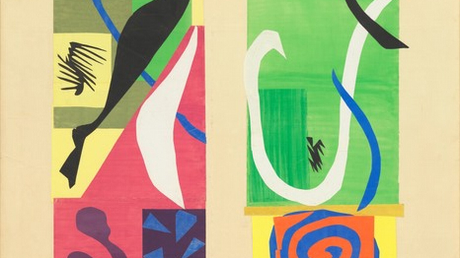 Two columns of brightly colored rectangles are layered with geometric shapes and organic forms in this abstract, vertical artwork. The rectangles are painted, and the abstract shapes are cut from pieces of painted paper. The left column is stacked top to bottom with rectangles in black, lime green, sage green, sunshine yellow, watermelon pink, and amethyst purple. There is also a pink triangle above the pink rectangle, near the middle of the column. Spanning different sections of the column are a blue spiral and a curling blue line, white petal-like shapes, and purple and blue stylized leaves, perhaps seaweed, and triangles. A narrow black form like the profile of a stylized fish and a curve radiating spikes float in the middle of the column. The rectangles of the right column are silvery gray, goldenrod yellow, bright green, lime green, sunshine yellow, and sapphire blue. The column is layered with two more black spiky shapes, a short vertical royal-blue curving line, and an elongated, white U shape. A long, black S-shape floats over the top four rectangles, and a pumpkin-orange spiral lies on top of a sapphire-blue circle near the yellow rectangle at the bottom. That yellow rectangle has blue rectangle at its center and a darker yellow rectangle to the left. There is a white wavy line up the blue area, a black wavy line to each side in the yellow, and one black heart-shape near the each of the lower corners of the blue field. Higher up, the lime-green rectangle in each column also has a smaller, darker green rectangle painted within. The work is set against a flat, parchment-brown background. The artist wrote the title in black cursive letters across bottom, “les betes de la mer...” and signed and dated the lower right, “H. Matisse 50.”