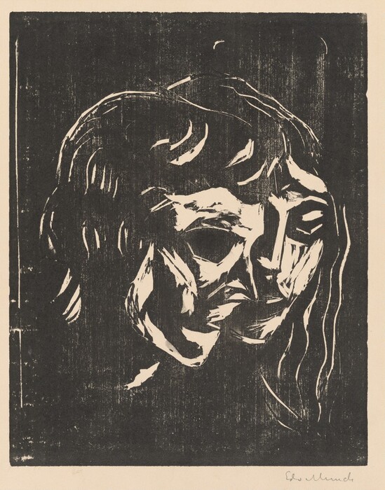 The image shows two abstract faces in profile, depicted in a minimalist woodcut style. The faces are elongated and stylized, with sweeping lines for hair. The background is textured black, with a simple border around the artwork.