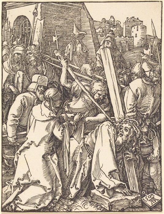 This image depicts a group of individuals surrounding a central figure carrying a large object. The scene is detailed, with figures clad in historical robes and armor, amidst a tumultuous gathering. The background includes architectural elements like stone walls and buildings, hinting at a city setting. The grouping of figures, their expressions, and postures contribute to a chaotic composition. The drawing is intricately detailed with precise lines capturing textures and forms meticulously, typical of Renaissance period prints.