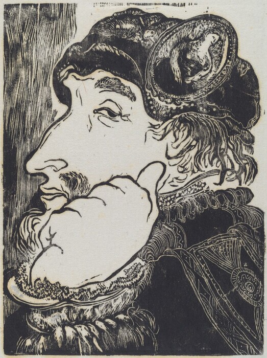 The image shows a side profile portrait of a person with the upper part of the body visible. The individual is positioned to display their side profile, resting their chin or cheek on their hand. The person has a prominent nose, a mustache, and a contemplative expression. Their hair is medium length and curly, with a hat featuring intricate details and a decorative rim. The clothing has elaborate patterns and textures, including a high collar and embroidery. The background has a rustic, crosshatched texture.