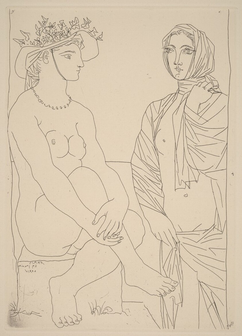 At the Bath. Woman in a Hat with Flowers and Woman Draped in a Towel (Au bain)