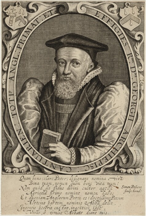 The image is a portrait showing the upper body of a man seated and facing forward. His head is slightly turned to his right, looking directly outwards. He has a long, full beard and short hair under a flat black cap; his facial features are marked by a prominent forehead and a serious expression. He is dressed in voluminous garments that appear to be robes, with a white ruff collar and visible long sleeves. In his right hand, he holds a closed book or manuscript. The background is an intricately designed border featuring symbolic imagery and Latin inscriptions, enclosing the figure within a decorative oval frame. The lower part of the image includes some additional scripted text.