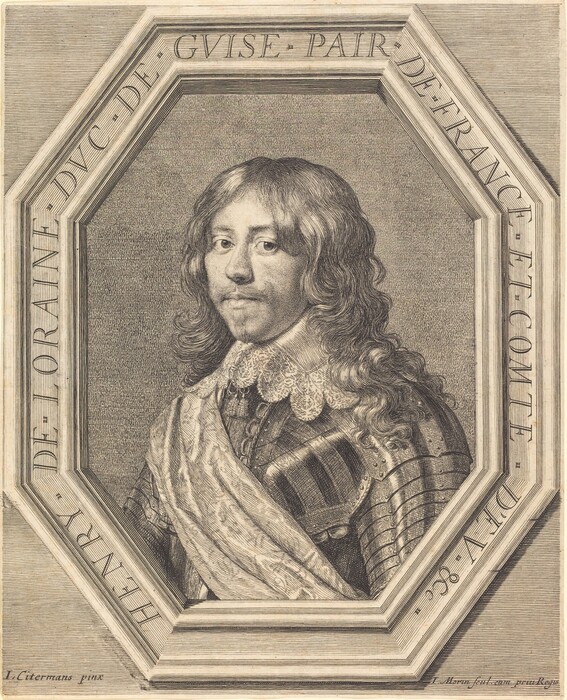 The image depicts a man with wavy, shoulder-length hair, facing slightly to the right. He has strong facial features, including a prominent nose and a short mustache. The man is wearing a suit of armor with a patterned sash over his right shoulder and a lace collar. The portrait is bordered by an octagonal frame with inscribed text around it, and the background consists of delicate line work.