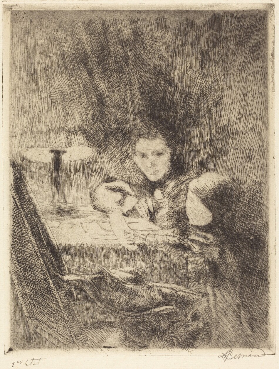 The image shows a sketch of a person seated at a desk or table. The person's head is slightly tilted forward, and they have a focused expression. The sketch depicts their upper body, with softly rendered facial features and short, textured hair. The person is wearing clothing with voluminous sleeves and appears to be writing or drawing. A lamp with a round shade is illuminated on the left side, casting light onto the table. The background is textured with cross-hatched lines, creating a dark contrast to the lighter area around the person and desk.