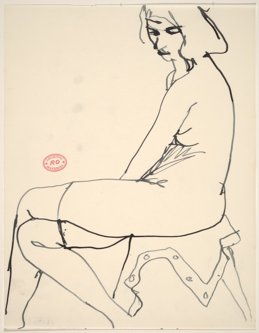Untitled [female nude in stockings seated on draped stool]
