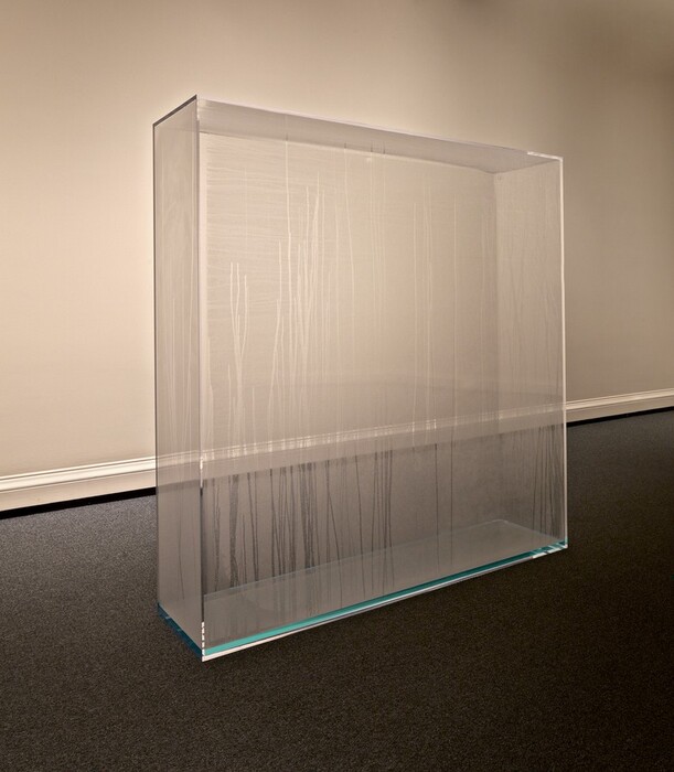 This freestanding sculpture is a shallow cube constructed with clear Plexiglas. It stands on one narrow end. The bottom surface is covered with about an inch of water, and condensation runs down the inside surfaces of the Plexiglas. The sculpture is photographed in a room with dark gray carpet and a white wall. The baseboard on the wall and scale of the room show that this stands nearly six feet tall by six feet wide. The depth is much narrower, at sixteen inches.