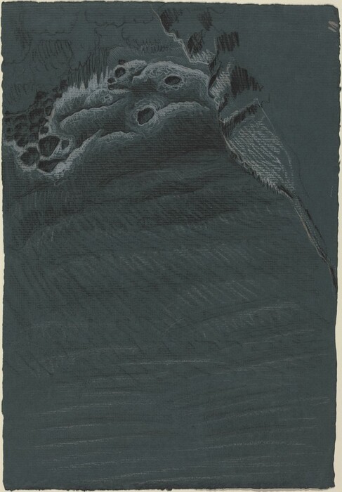 The image depicts a landscape from a high vantage point. The lack of a visible horizon directs attention to the forms and patterns of the terrain, suggesting depth and motion. The brushstrokes feature linear and crosshatch patterns that create a textured, topographical effect. The color scheme is mainly deep blues and greys, contributing to a subdued atmosphere and highlighting the texture and shading details.