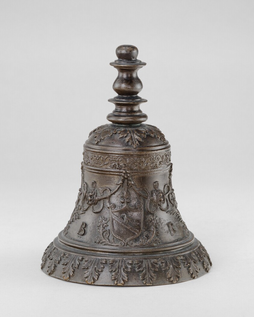 Hand Bell with Armorial Shield between Thistles (?), Palm Crossing Laurel, and initials B B