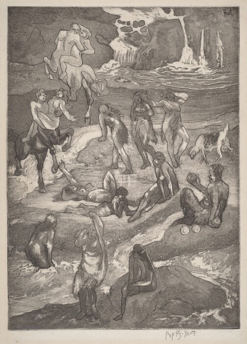 This is a drawing of mythological beings in a rocky landscape with waterfalls. The drawing depicts an array of figures in a flowing water scene comprising waterfalls, streams, and swirls. Figures include some resembling centaurs and others appearing as human-like figures amidst the landscape elements. Various poses suggest movement and interaction. Water cascades down rocks in the background, while figures are depicted in the foreground. Light, shadow, and fluid lines enhance the mythical and energetic quality of the scene.